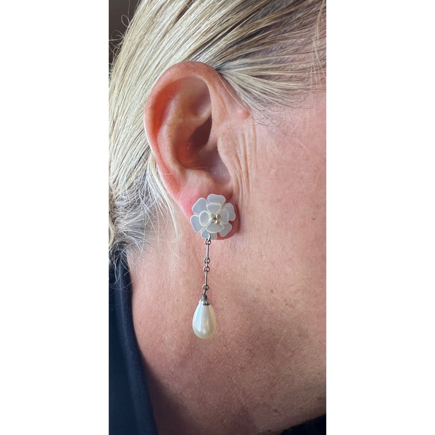 
                  
                    Chanel Camellia Faux Pearl Drop Earrings Vintage
                  
                
