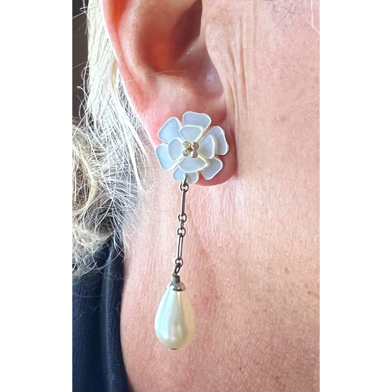 
                  
                    Chanel Camellia Faux Pearl Drop Earrings Vintage
                  
                