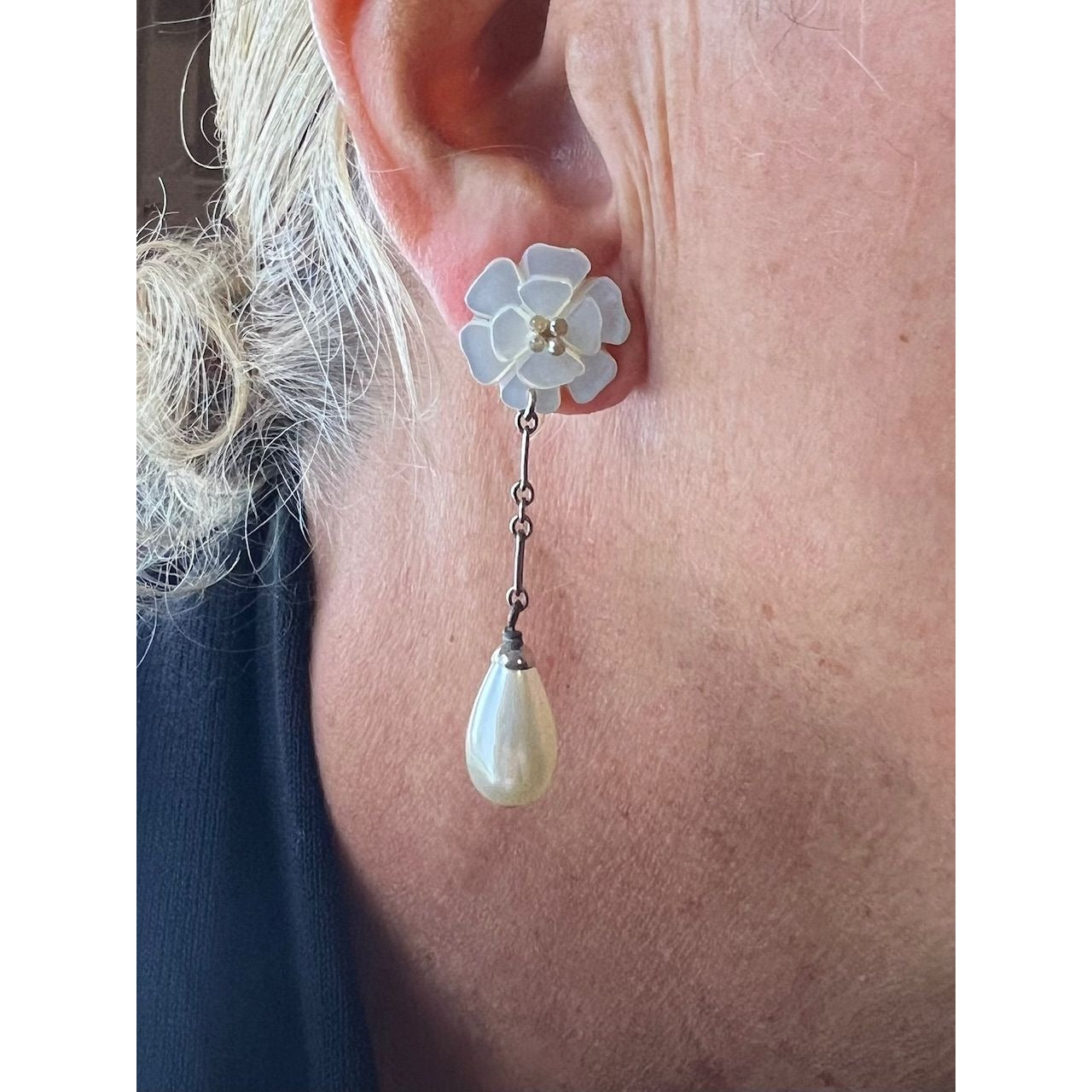 
                  
                    Chanel Camellia Faux Pearl Drop Earrings Vintage
                  
                