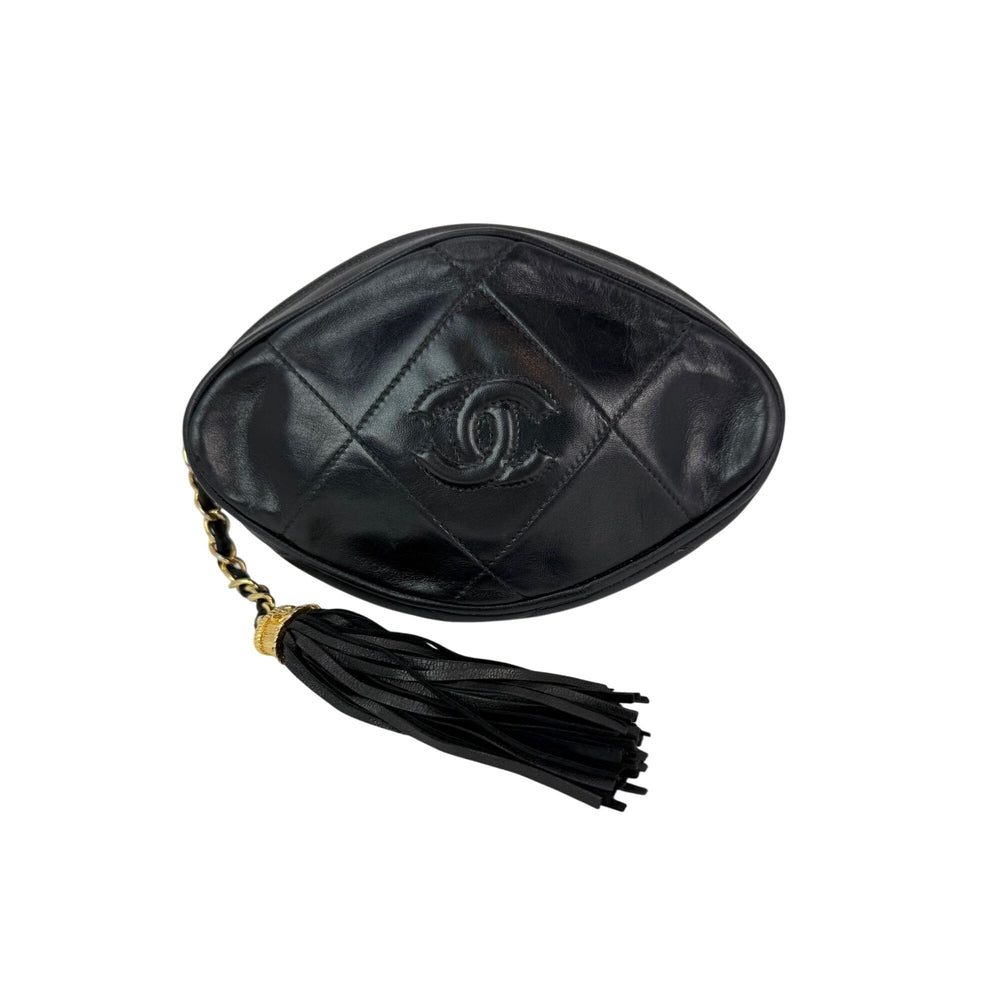Chanel Lambskin Diamond Quilted CC Tassel Black Clutch Bag