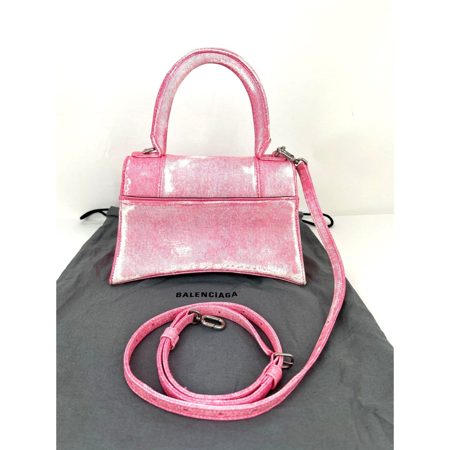 
                  
                    Balenciaga Pink Denim Small Hourglass Top Handle Crossbody Bag
                  
                