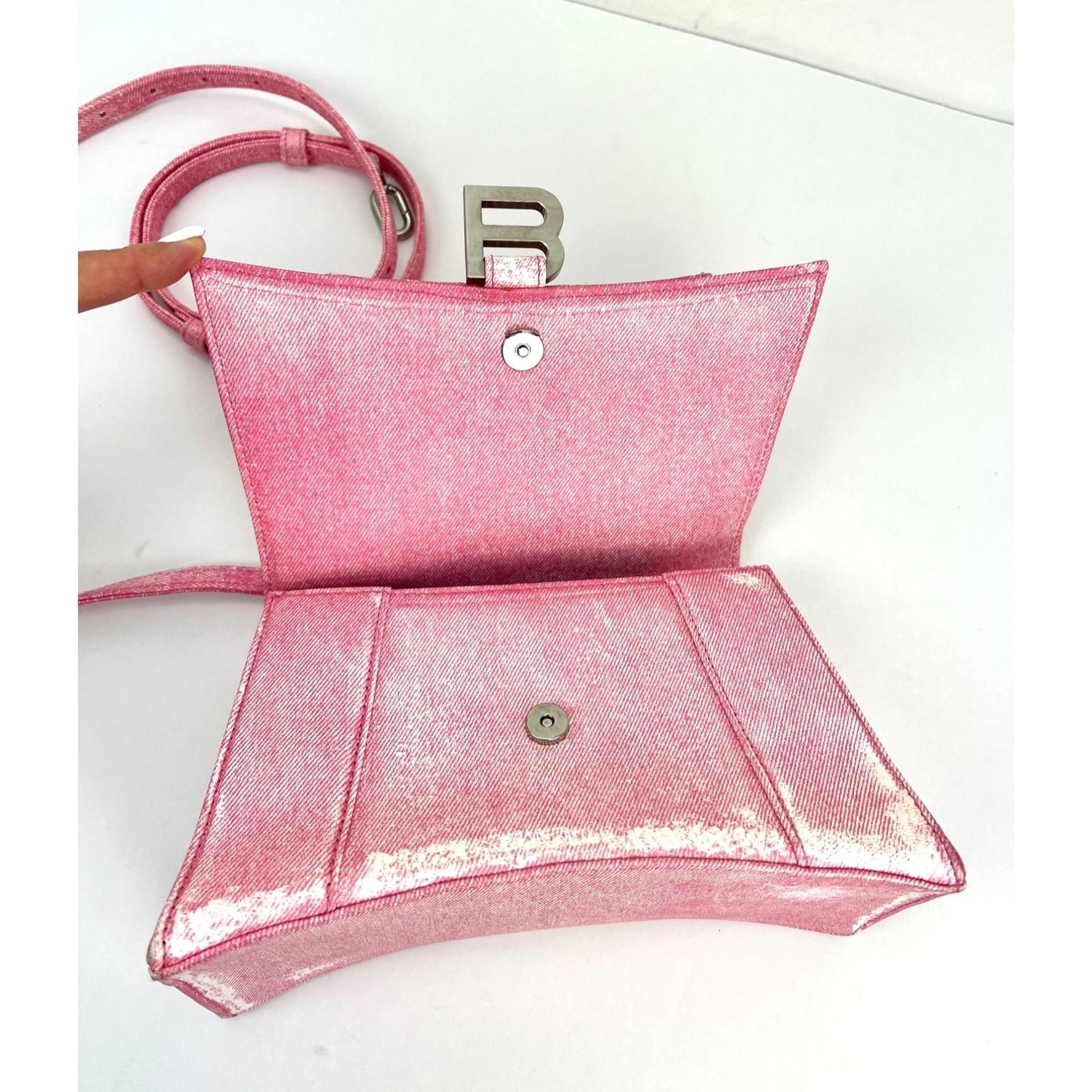 
                  
                    Balenciaga Pink Denim Small Hourglass Top Handle Crossbody Bag
                  
                