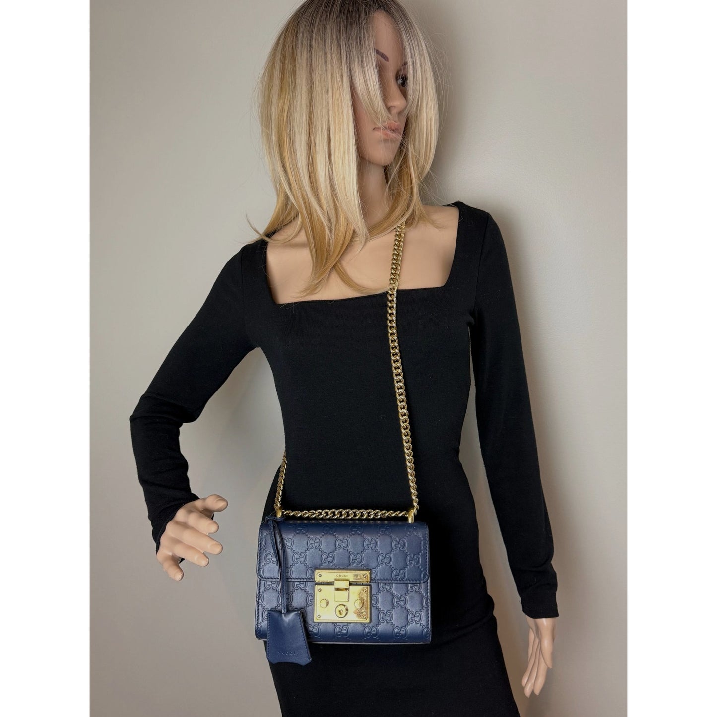 
                  
                    Gucci GG Supreme Small Padlock Monogram Blue Leather Shoulder Bag
                  
                