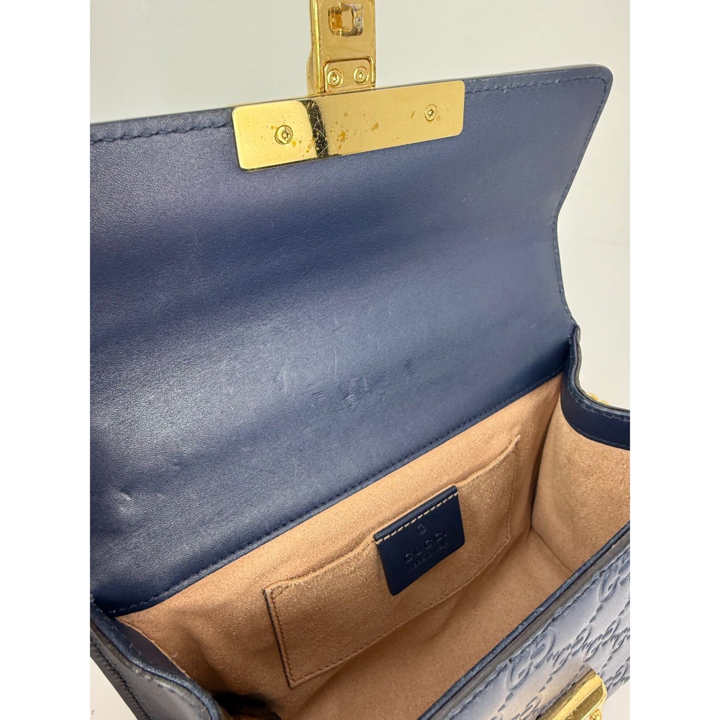 
                  
                    Gucci GG Supreme Small Padlock Monogram Blue Leather Shoulder Bag
                  
                