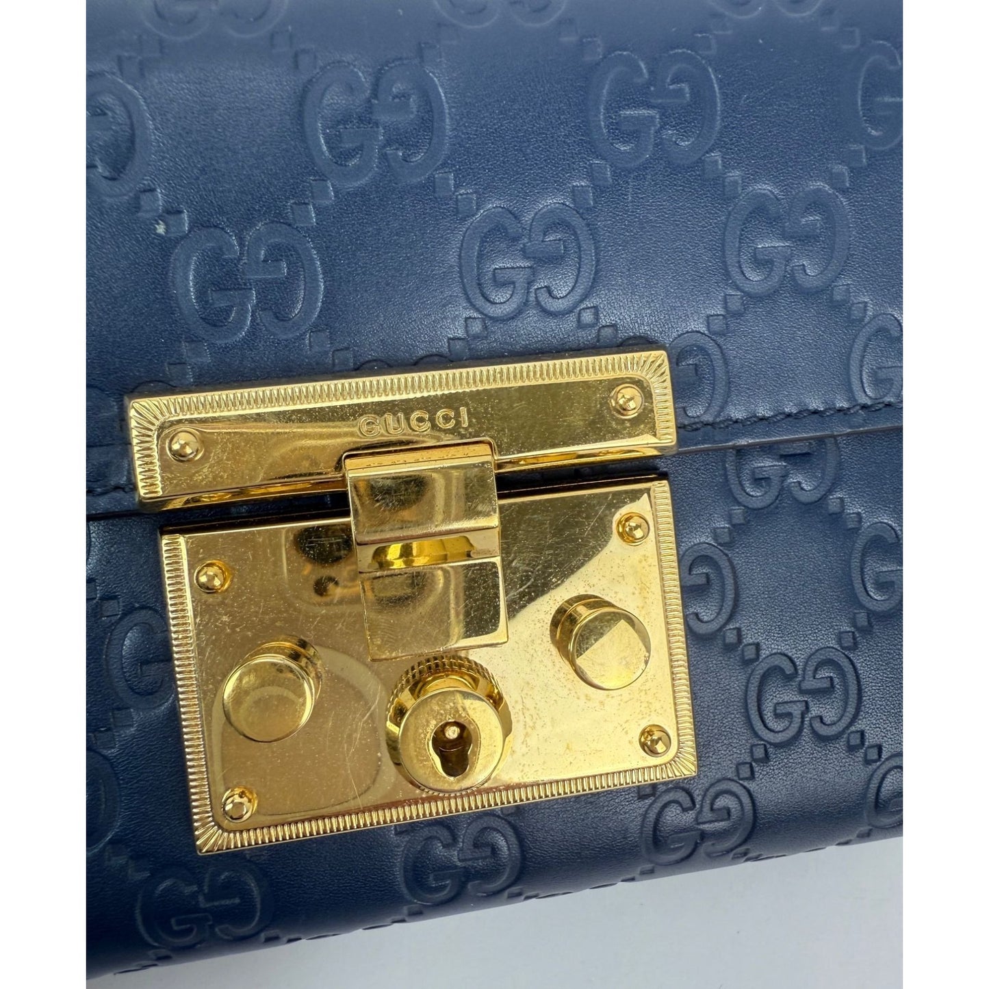 
                  
                    Gucci GG Supreme Small Padlock Monogram Blue Leather Shoulder Bag
                  
                