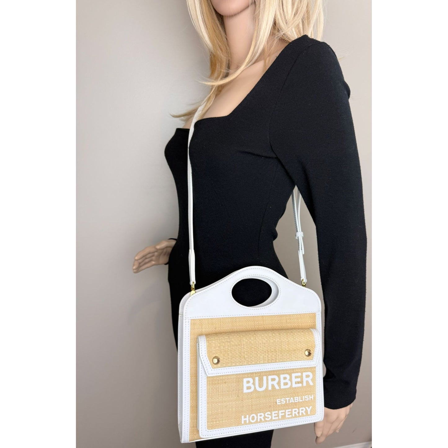 
                  
                    Burberry White Leather & Natural Raffia Mini Pocket Bag
                  
                