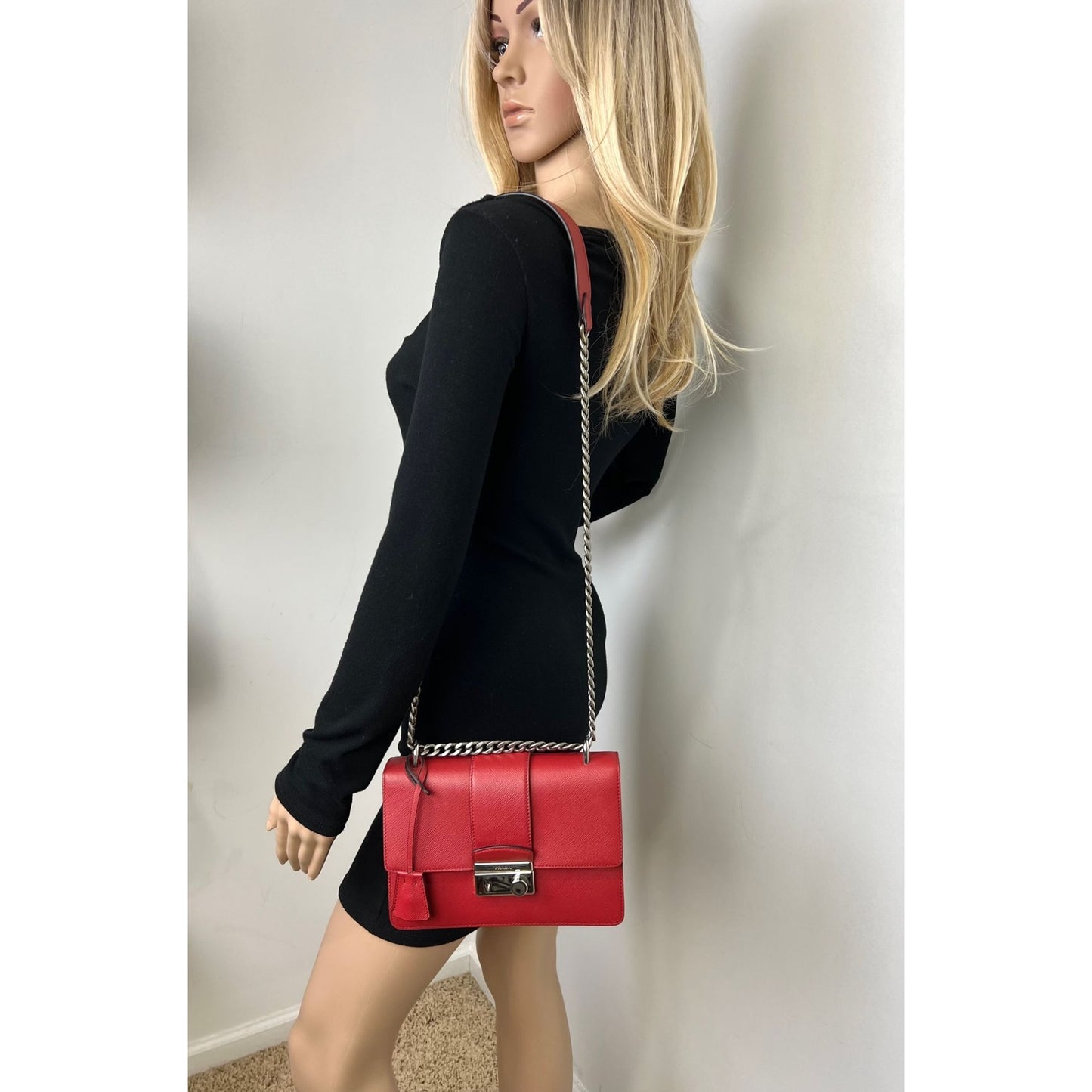 PRADA Saffiano Lux Small Sound Flap Red Chain Shoulder Bag
