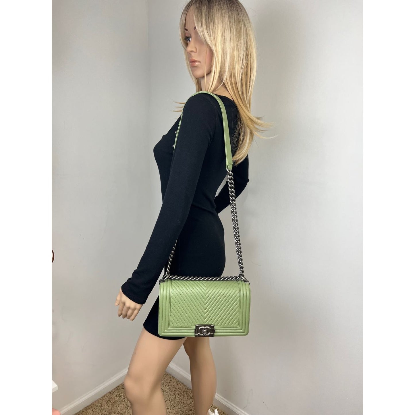 Chanel Calfskin Chevron Quilted Medium Boy Flap Light Green Bag –  Debsluxurycloset