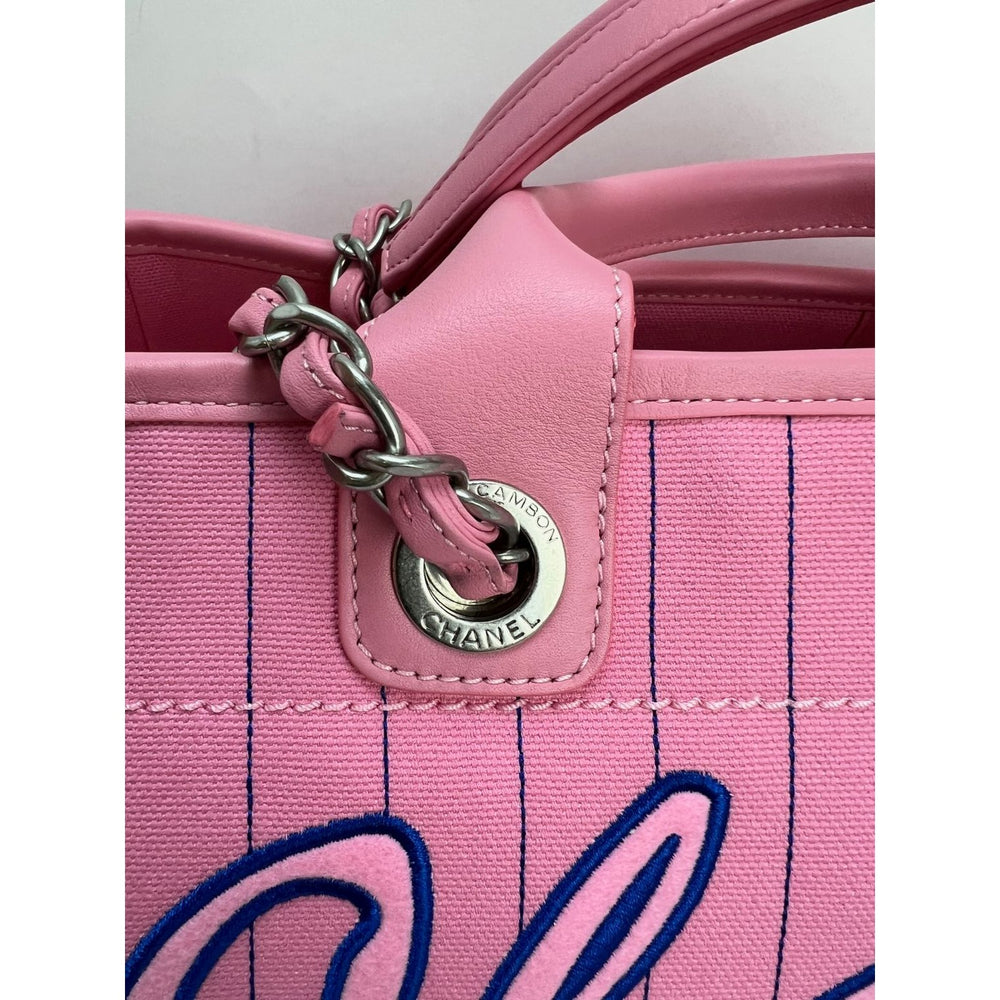 Chanel Canvas Calfskin Striped Medium Deauville Pink Tote