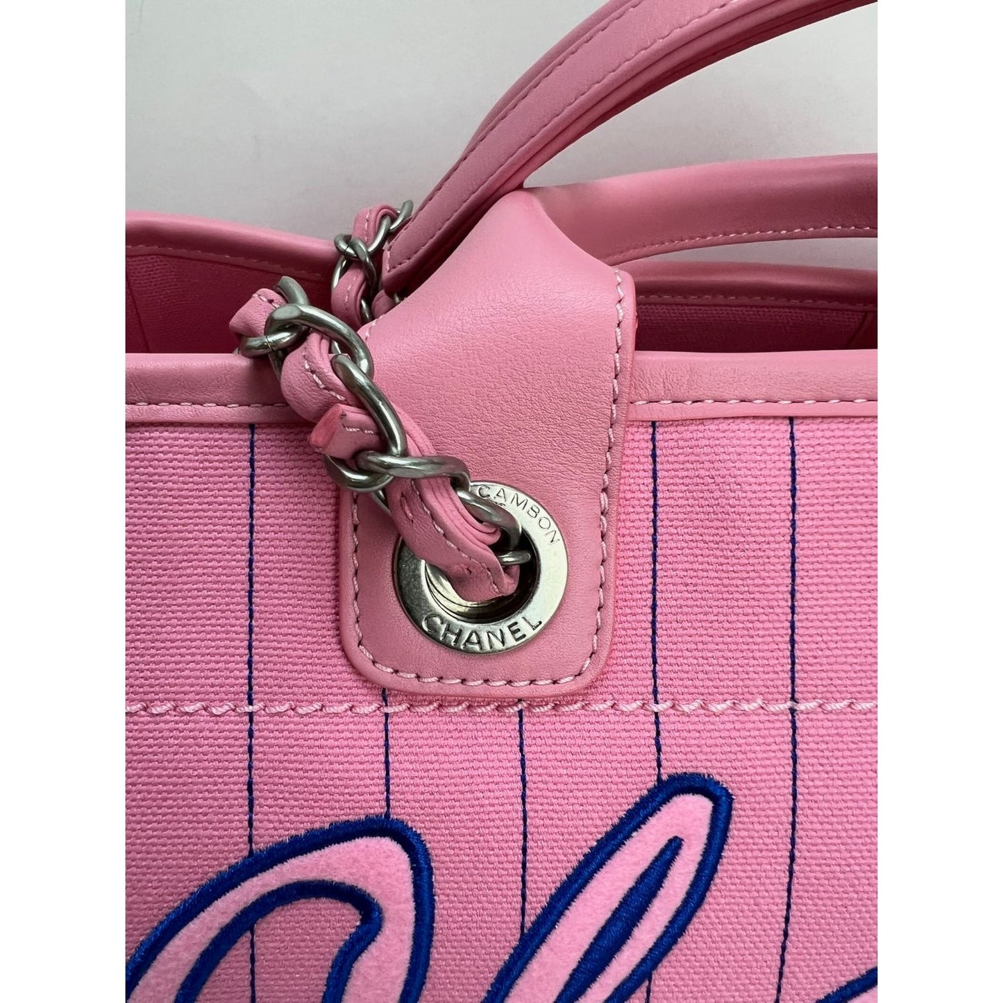 Chanel Canvas Calfskin Striped Medium Deauville Pink Tote – Debsluxurycloset