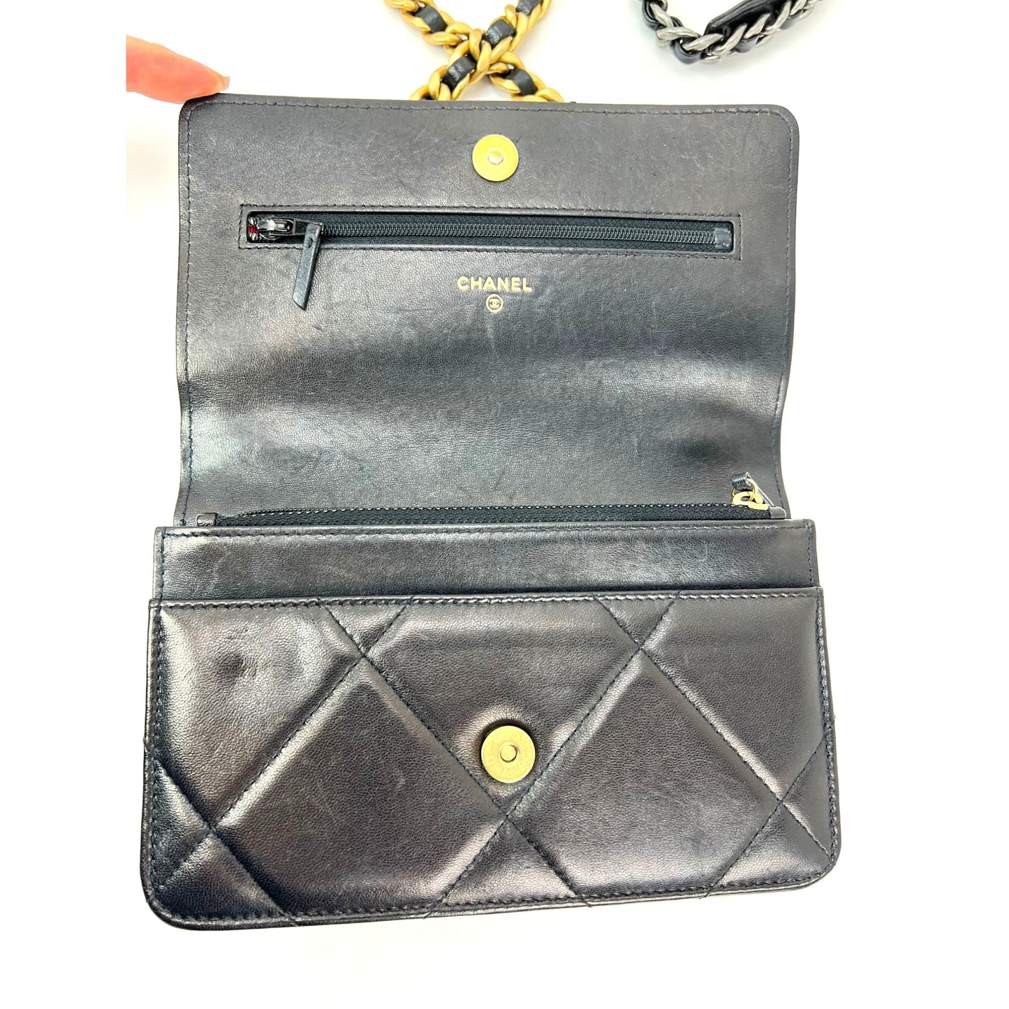 
                  
                    Chanel Lambskin Quilted Chanel 19 Wallet on a Chain Black Bag
                  
                
