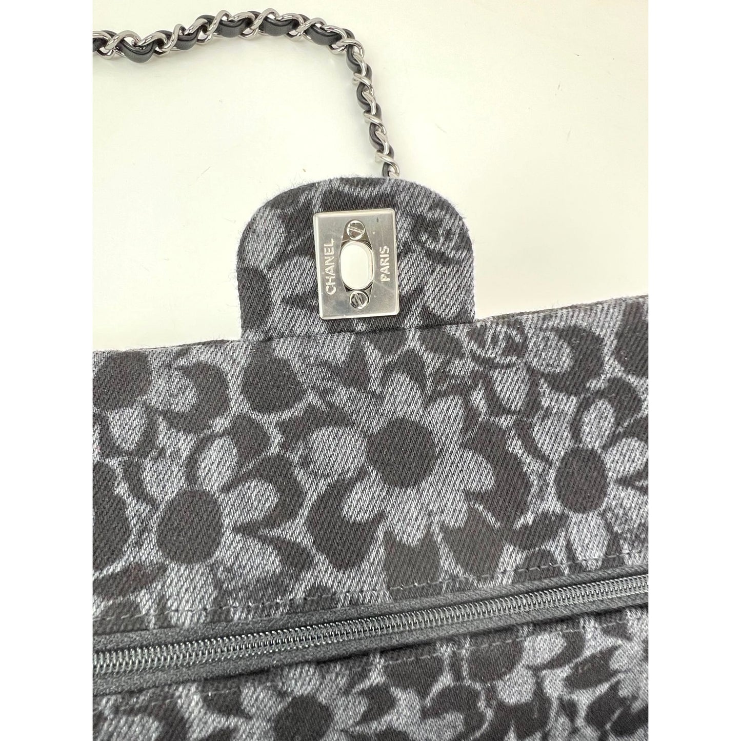 
                  
                    Chanel Printed Denim Quilted Flower Medium Double Flap Black Shoulder Bag
                  
                