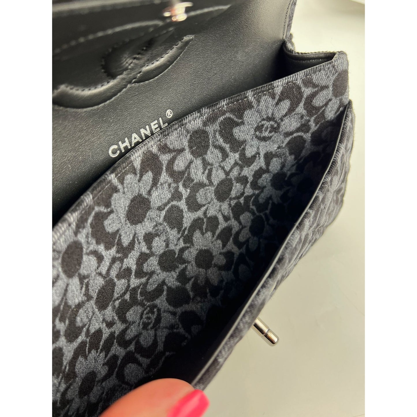 
                  
                    Chanel Printed Denim Quilted Flower Medium Double Flap Black Shoulder Bag
                  
                