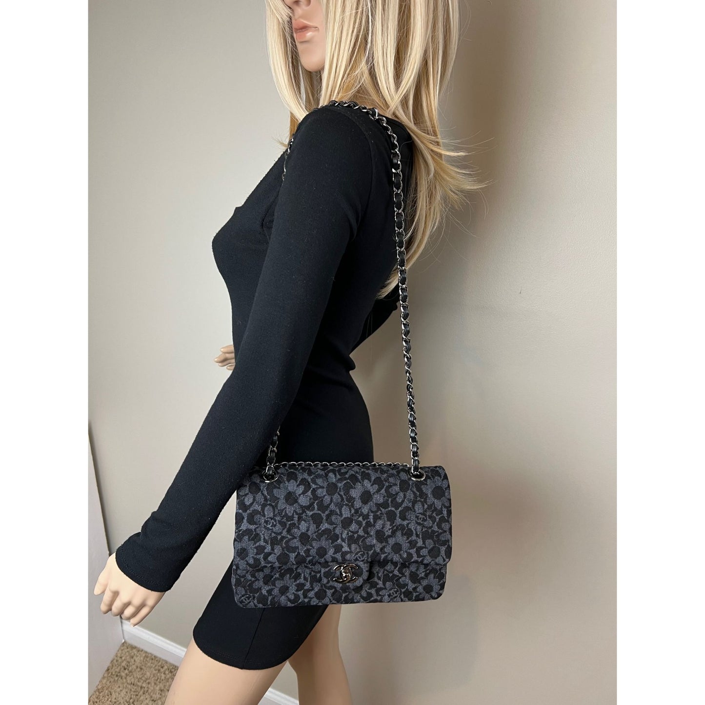 
                  
                    Chanel Printed Denim Quilted Flower Medium Double Flap Black Shoulder Bag
                  
                