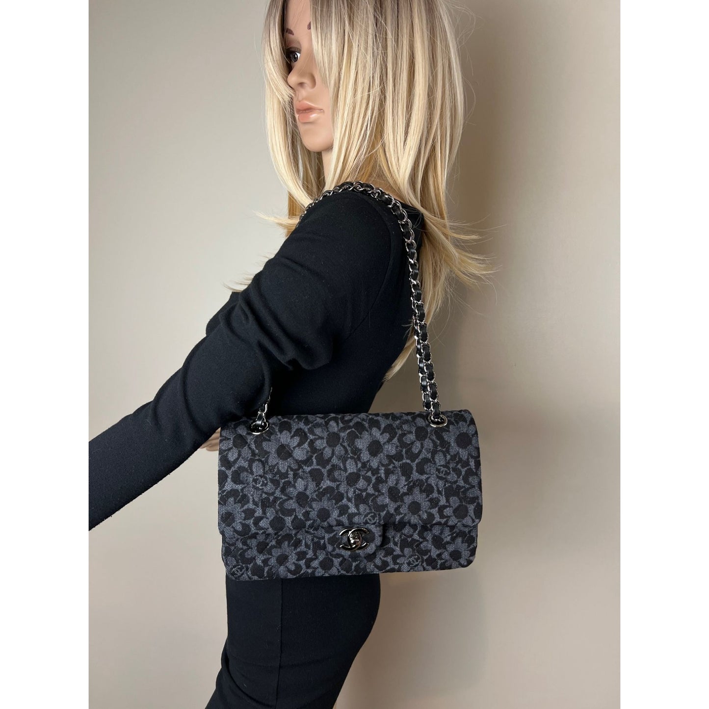 
                  
                    Chanel Printed Denim Quilted Flower Medium Double Flap Black Shoulder Bag
                  
                