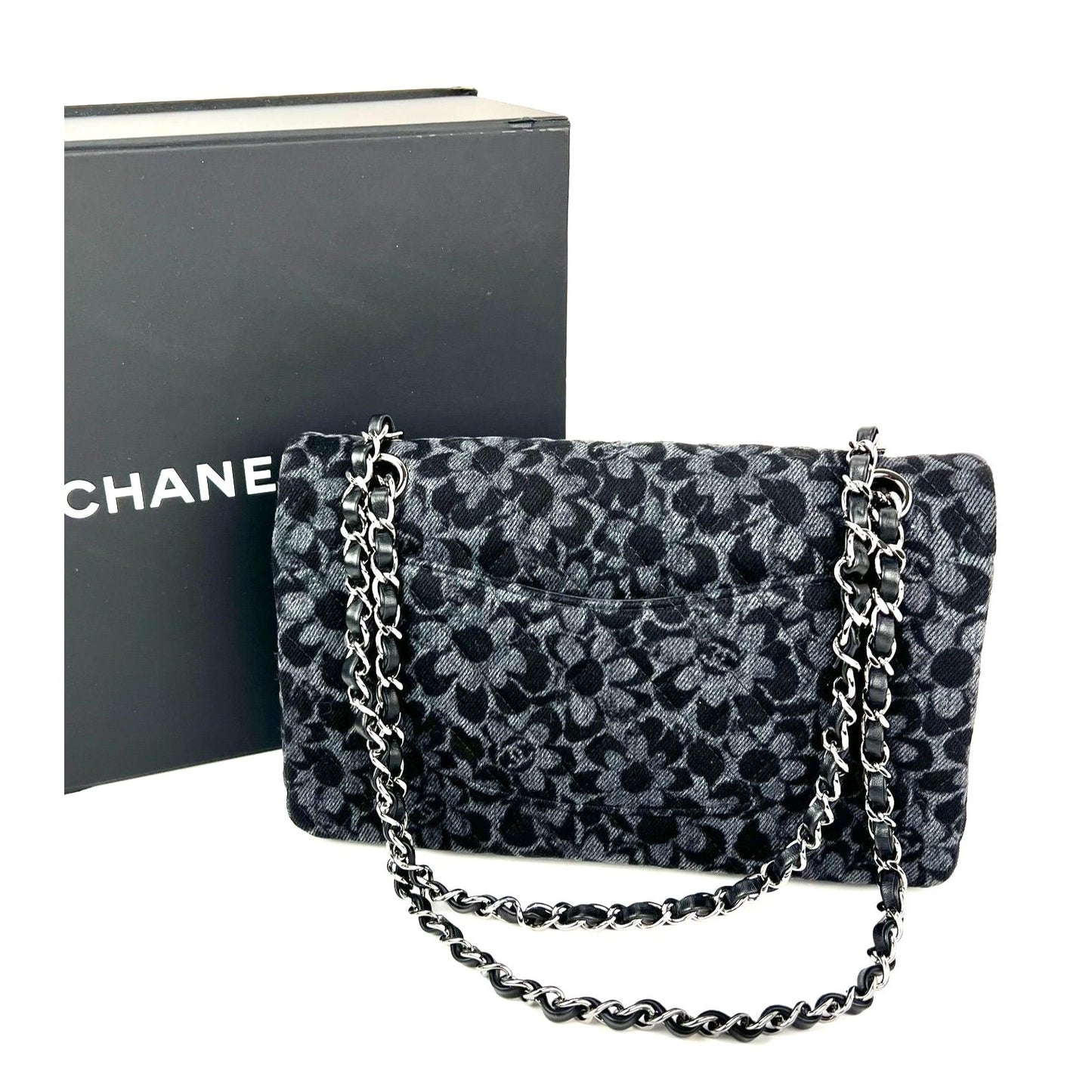 
                  
                    Chanel Printed Denim Quilted Flower Medium Double Flap Black Shoulder Bag
                  
                