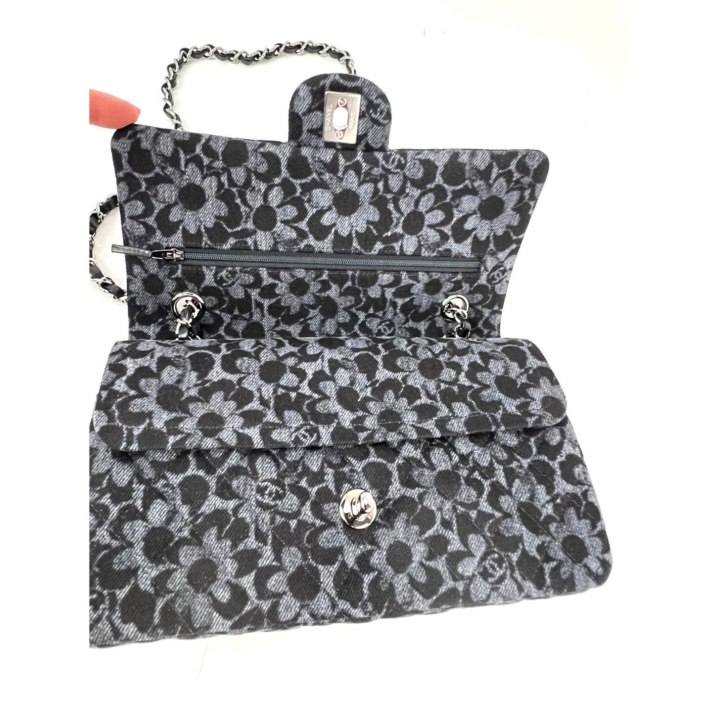 
                  
                    Chanel Printed Denim Quilted Flower Medium Double Flap Black Shoulder Bag
                  
                