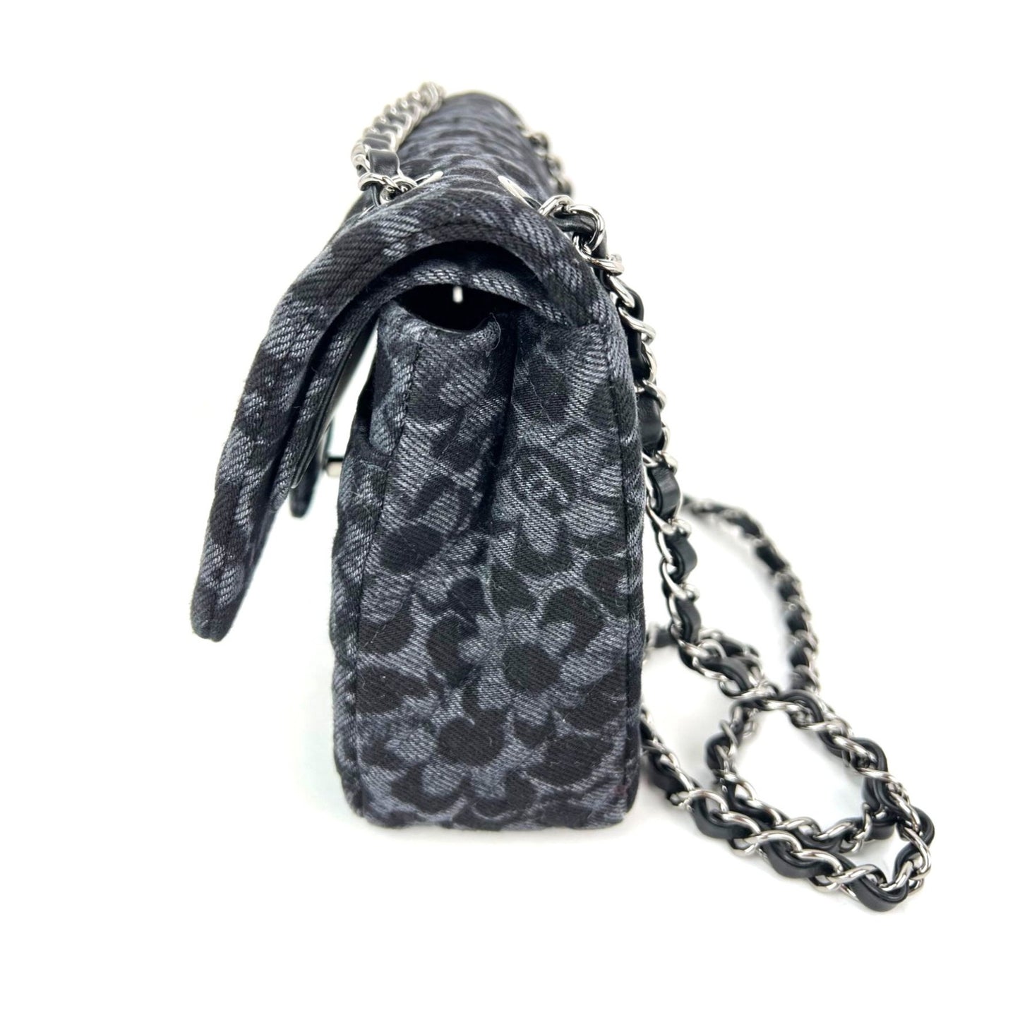 
                  
                    Chanel Printed Denim Quilted Flower Medium Double Flap Black Shoulder Bag
                  
                
