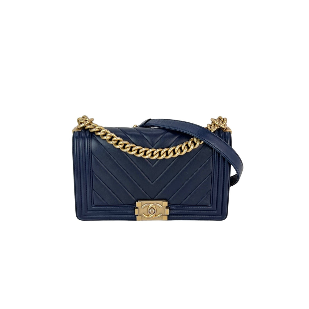 CHANEL Lambskin Chevron Quilted Medium Boy Flap Navy Blue Shoulder Bag