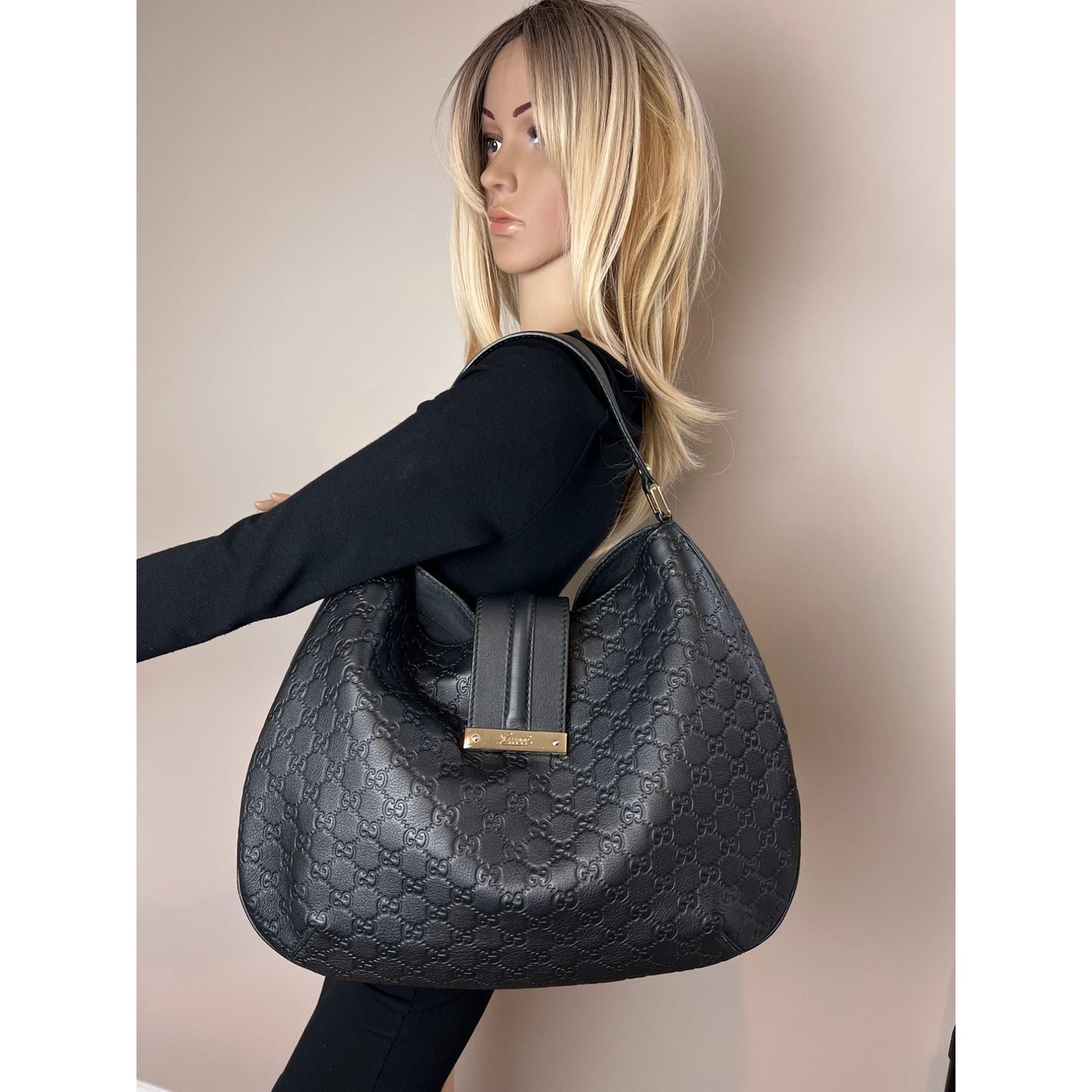 
                  
                    Gucci Guccissima Leather New Ladies Web Large Black Hobo Bag
                  
                