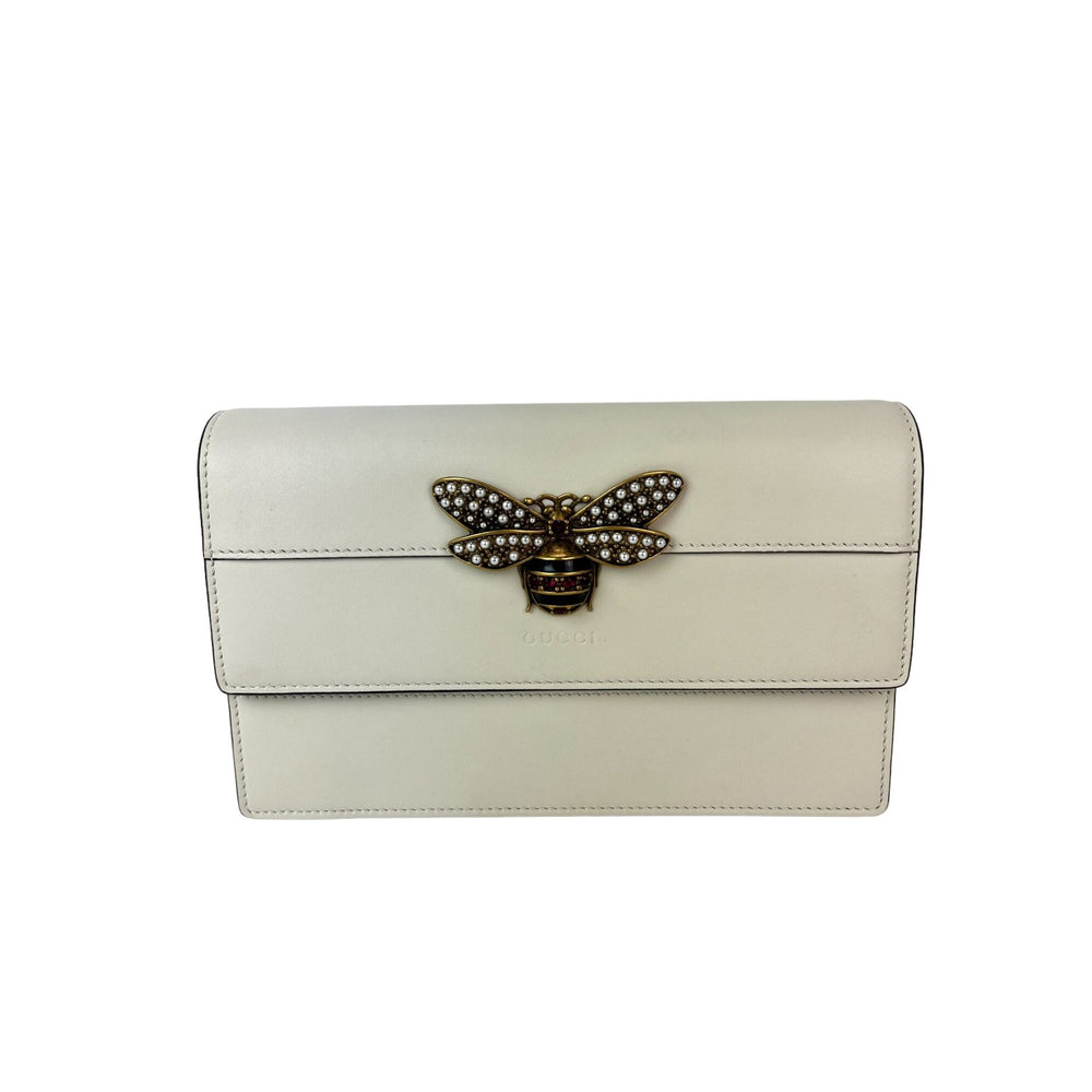 Gucci Queen Margaret Bee Wallet on a Chain Mystic White Clutch