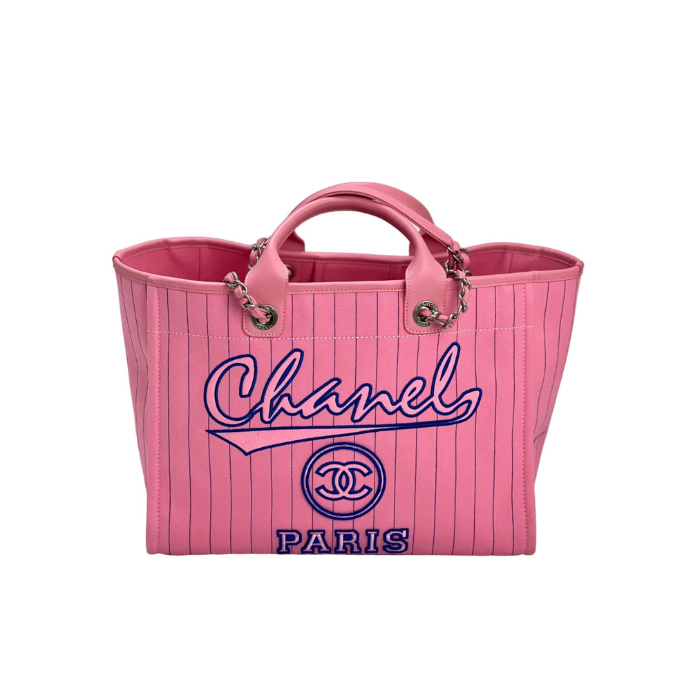 Chanel Canvas Calfskin Striped Medium Deauville Pink Tote – Debsluxurycloset