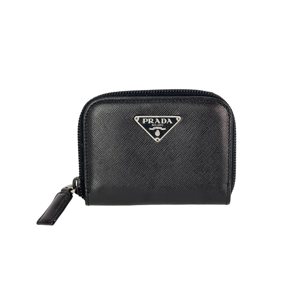 Prada Black Saffiano Leather Triangle Compact Zip Around Wallet