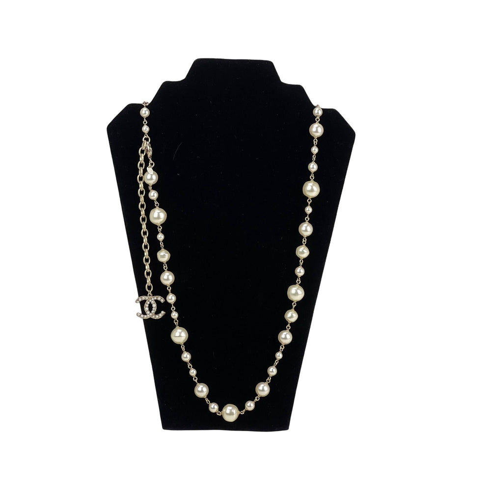 Chanel  3 Strand Necklace  CC Logo Ball Gilt Chain  Faux Pearls   Ruby  Lane