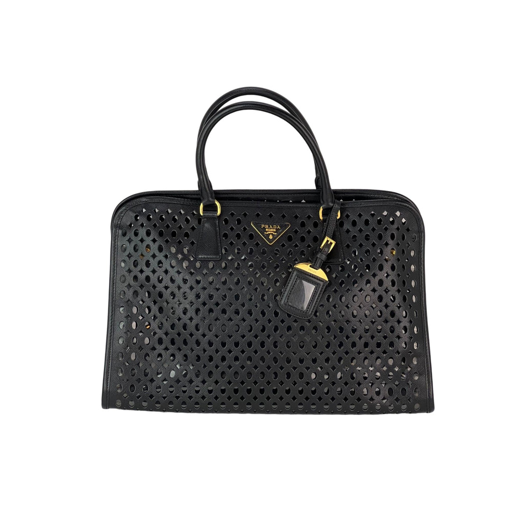 Prada Saffiano Vernice Perforated Black Leather Beach Pool Tote