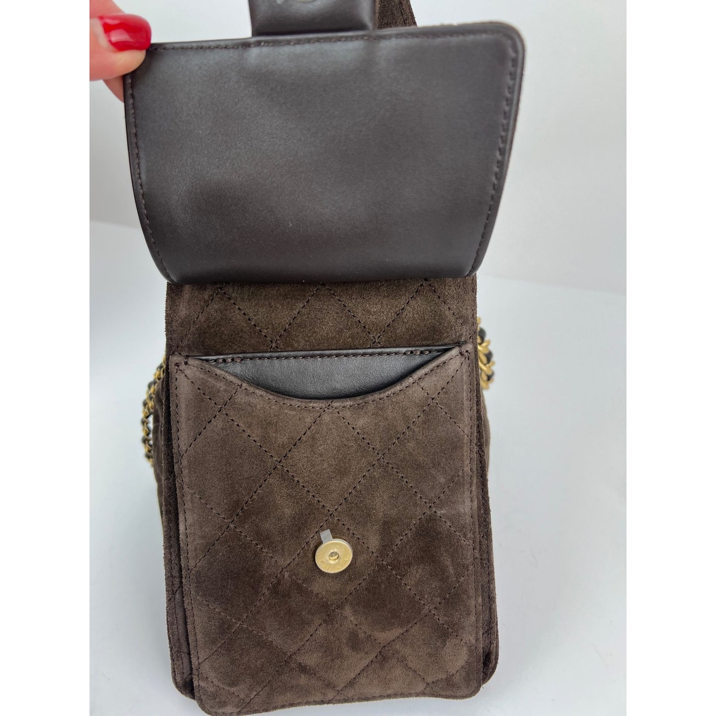 
                  
                    Chanel 25 Suede Calfskin Antique Gold Metal Small Brown Shoulder Bag
                  
                