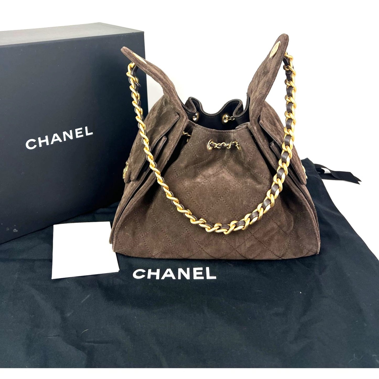 
                  
                    Chanel 25 Suede Calfskin Antique Gold Metal Small Brown Shoulder Bag
                  
                