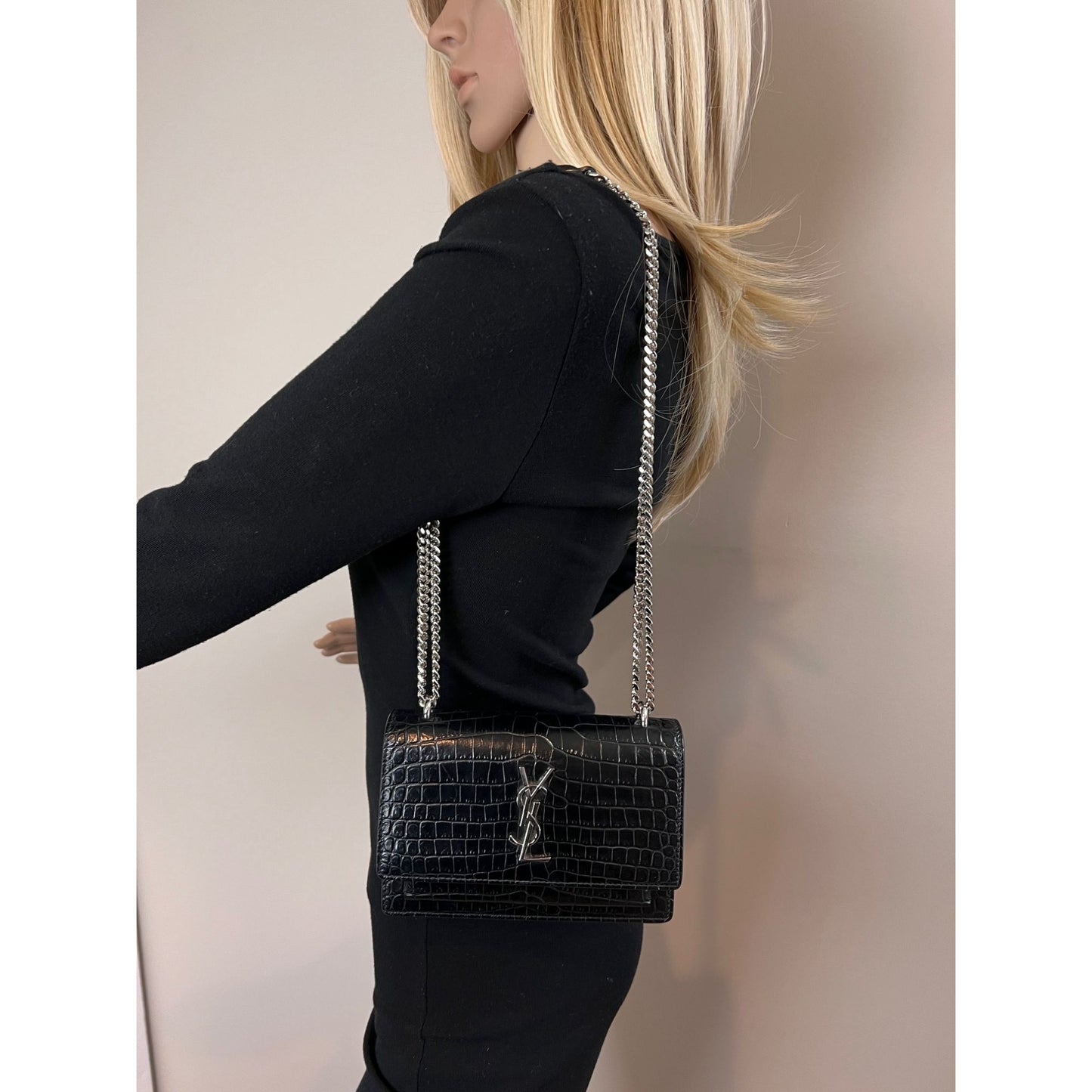 
                  
                    Saint Laurent Black Leather Sunset Wallet on a Chain Crocodile Embossed Bag
                  
                