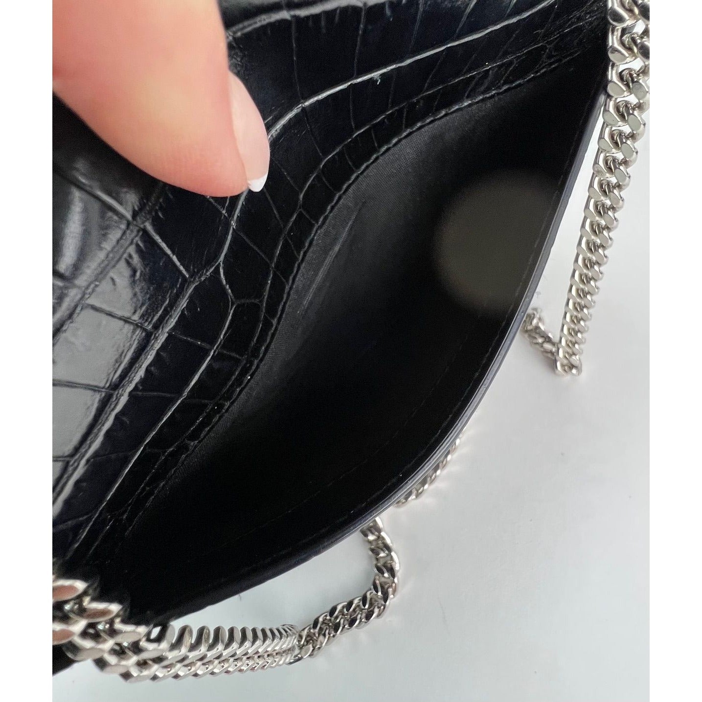 
                  
                    Saint Laurent Black Leather Sunset Wallet on a Chain Crocodile Embossed Bag
                  
                