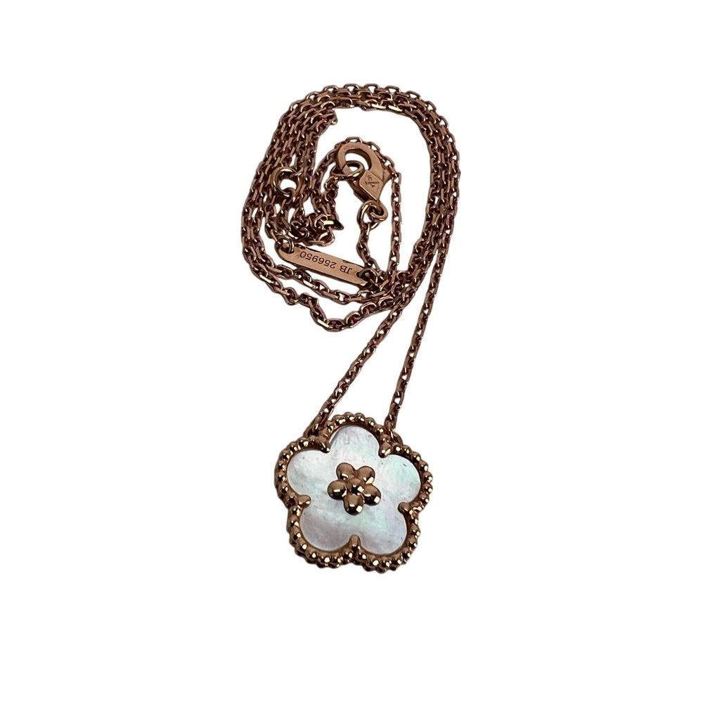Van Cleef & Arpels 18K Rose Gold Mother of Pearl Lucky Spring Plum Blosssom Pendant Necklace