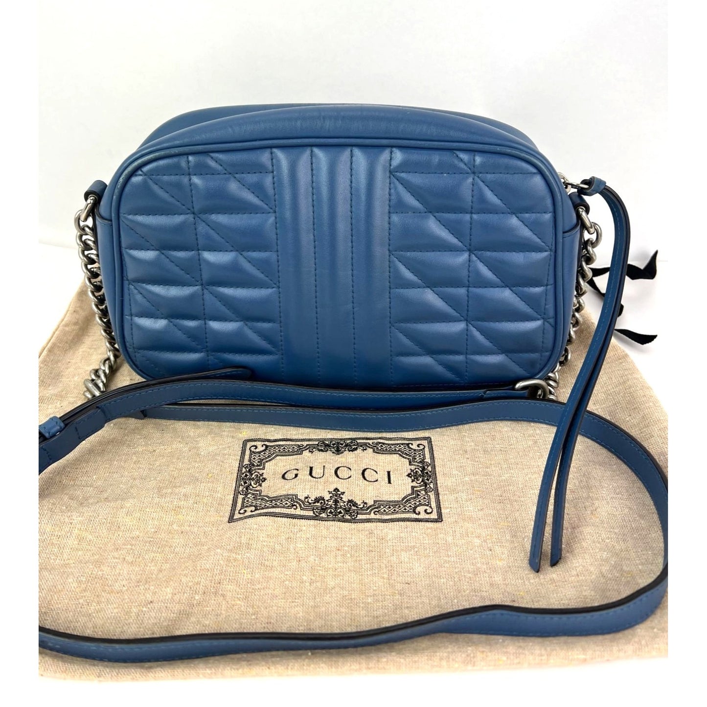 
                  
                    Gucci GG Marmont Small Chain Matelasse Aria Blue Leather Crossbody Bag
                  
                