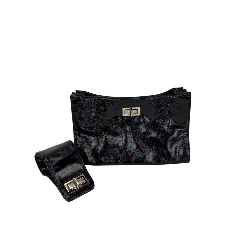 Chanel Patent Mademoiselle lock Convertible Wrist Clutch Black Bag