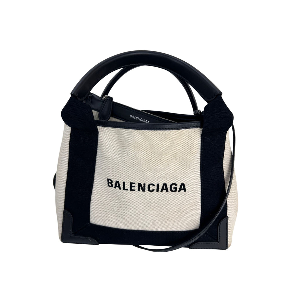 Balenciaga Cotton Canvas Calfskin Navy Cabas XS Natural Black Tote Bag