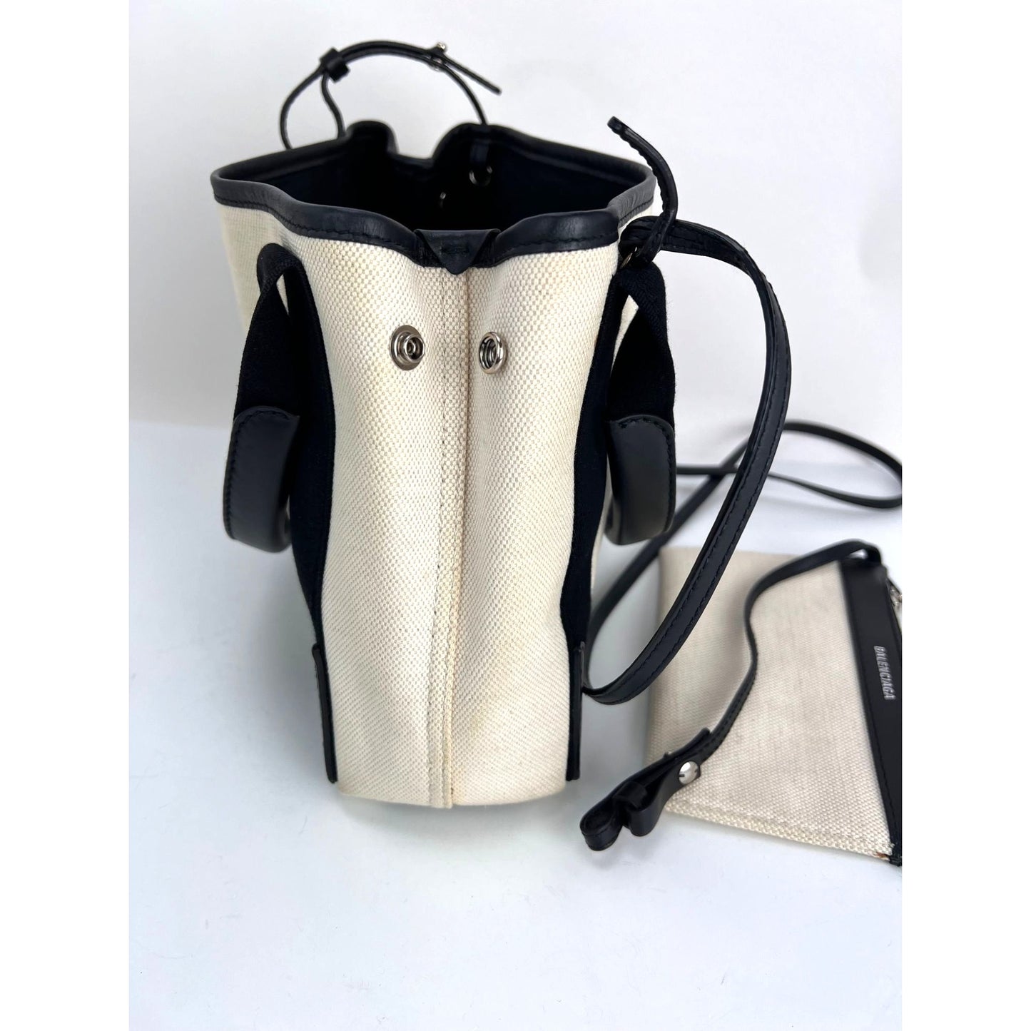 
                  
                    Balenciaga Cotton Canvas Calfskin Navy Cabas XS Natural Black Tote Bag
                  
                