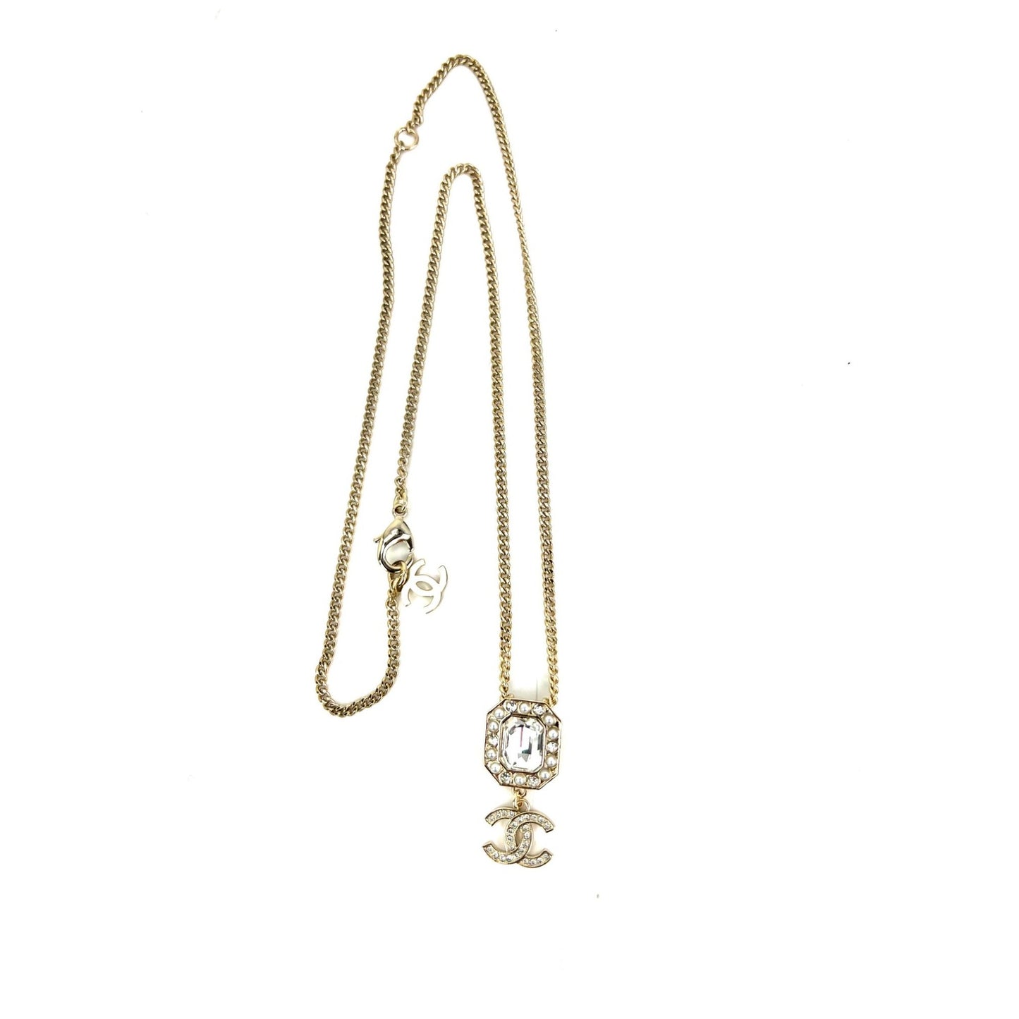 
                  
                    Chanel Gold Tone CC Pearl Crystal Pendant Necklace
                  
                