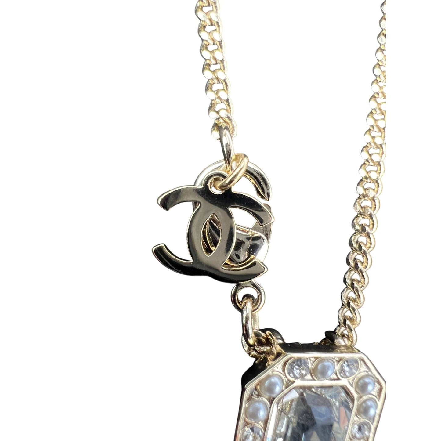 
                  
                    Chanel Gold Tone CC Pearl Crystal Pendant Necklace
                  
                