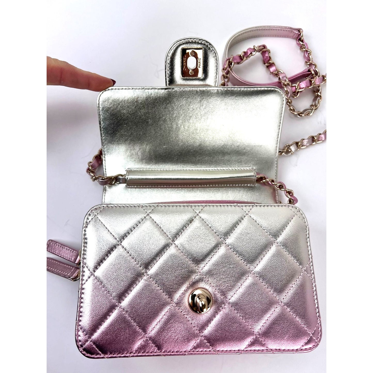 
                  
                    Chanel Metallic Lambskin Like a Wallet Flap Golden Pink Crossbody Bag
                  
                
