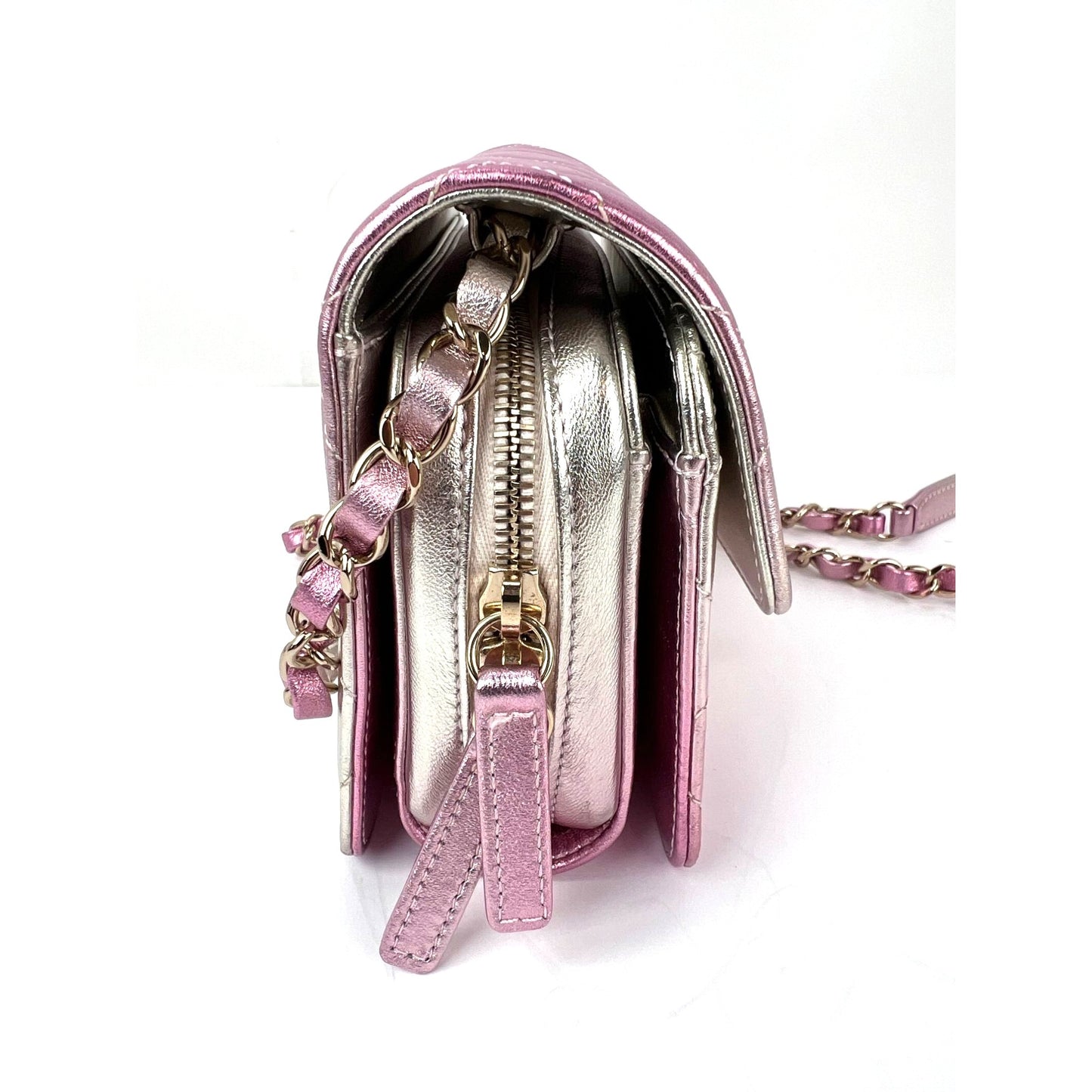 
                  
                    Chanel Metallic Lambskin Like a Wallet Flap Golden Pink Crossbody Bag
                  
                