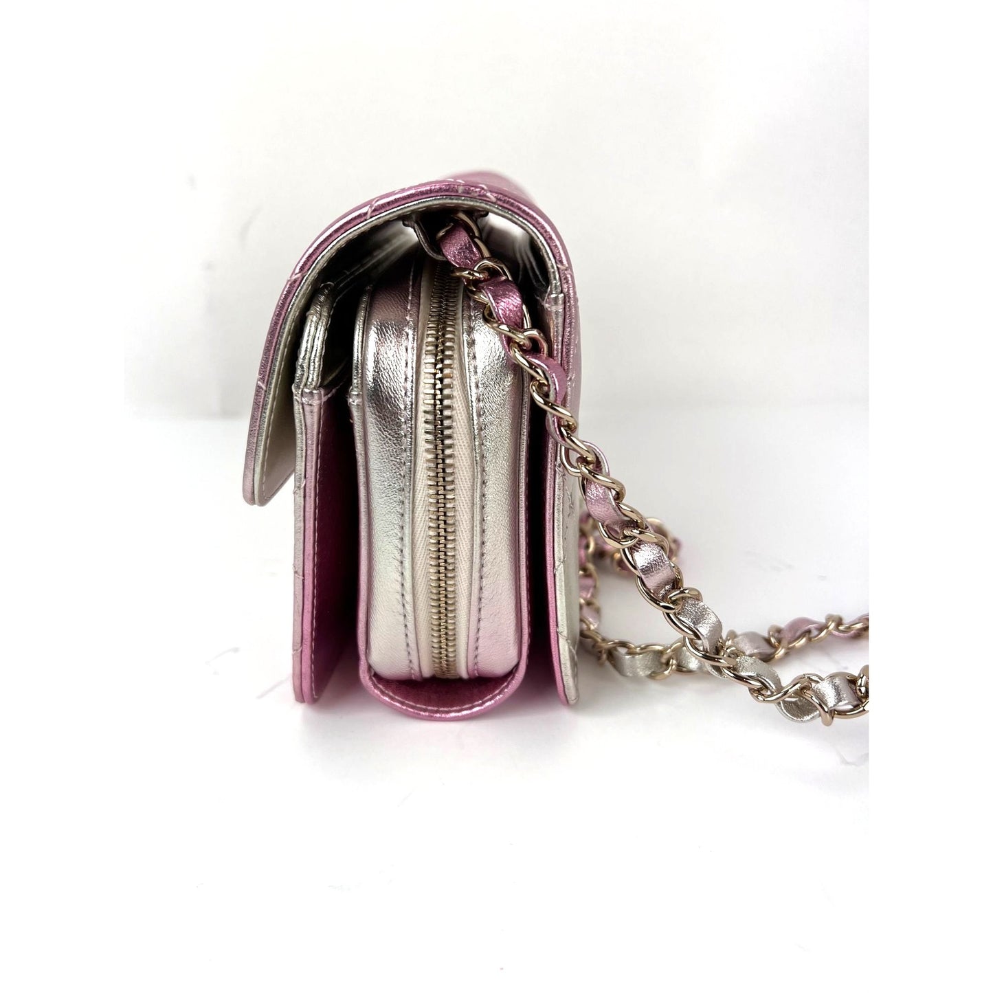 
                  
                    Chanel Metallic Lambskin Like a Wallet Flap Golden Pink Crossbody Bag
                  
                