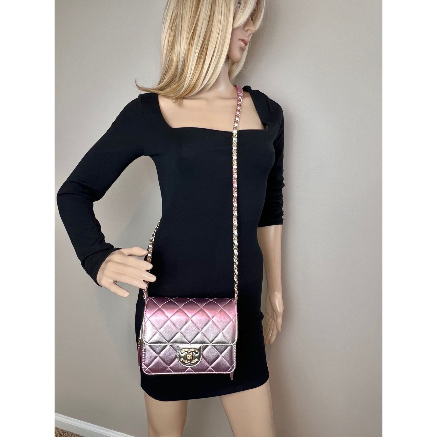 
                  
                    Chanel Metallic Lambskin Like a Wallet Flap Golden Pink Crossbody Bag
                  
                