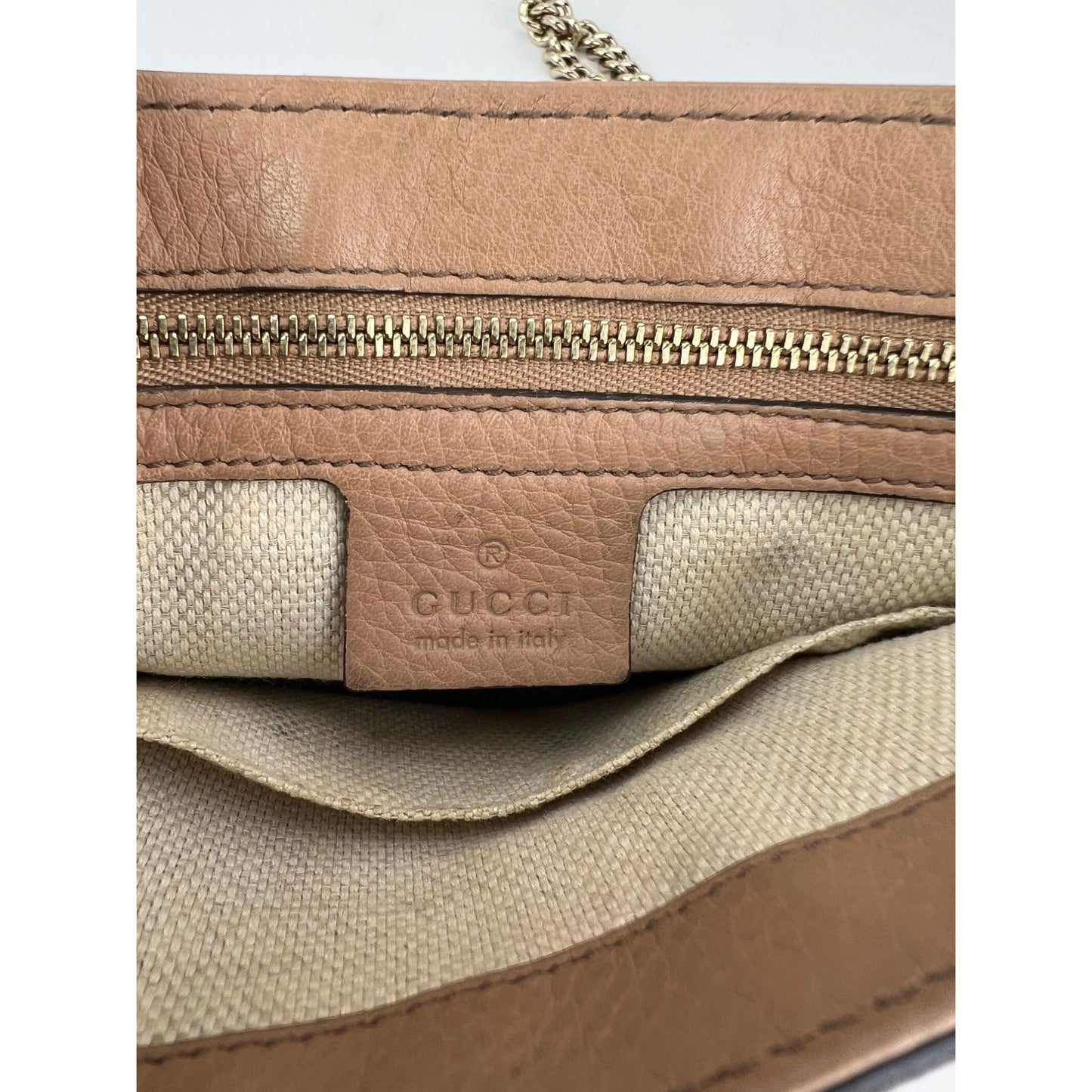 
                  
                    Gucci Soho Medium Flap Chain Leather Crossbody Bag Camelia Rose
                  
                
