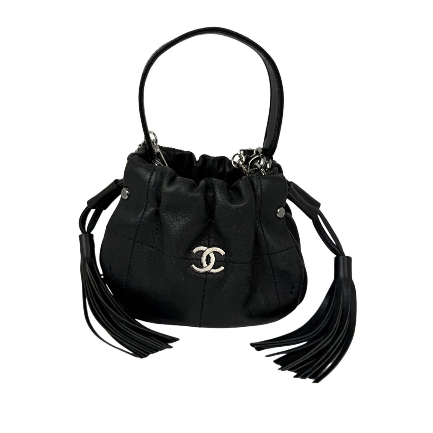 
                  
                    Chanel Vintage Small Lambskin Stitched Chocolate Bar Chain Fringe Hobo Black Bag
                  
                