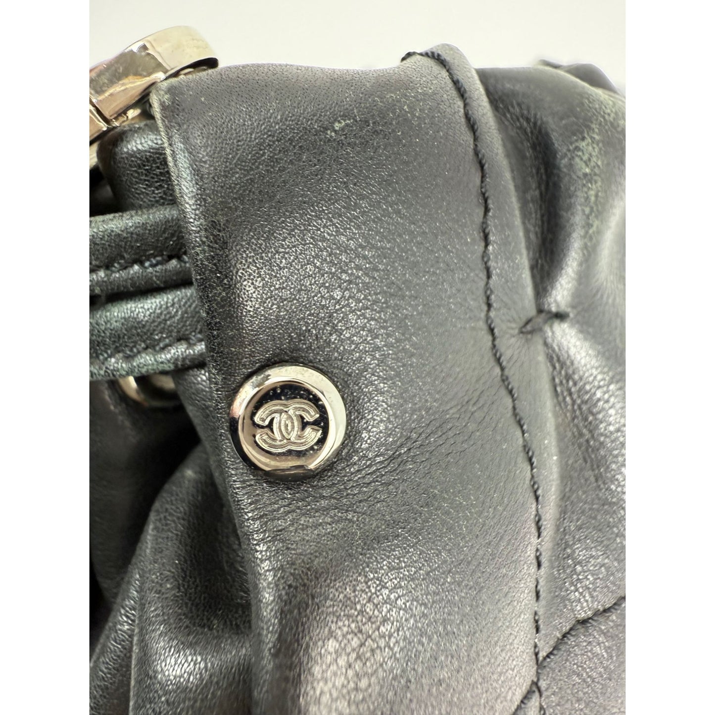 
                  
                    Chanel Vintage Small Lambskin Stitched Chocolate Bar Chain Fringe Hobo Black Bag
                  
                