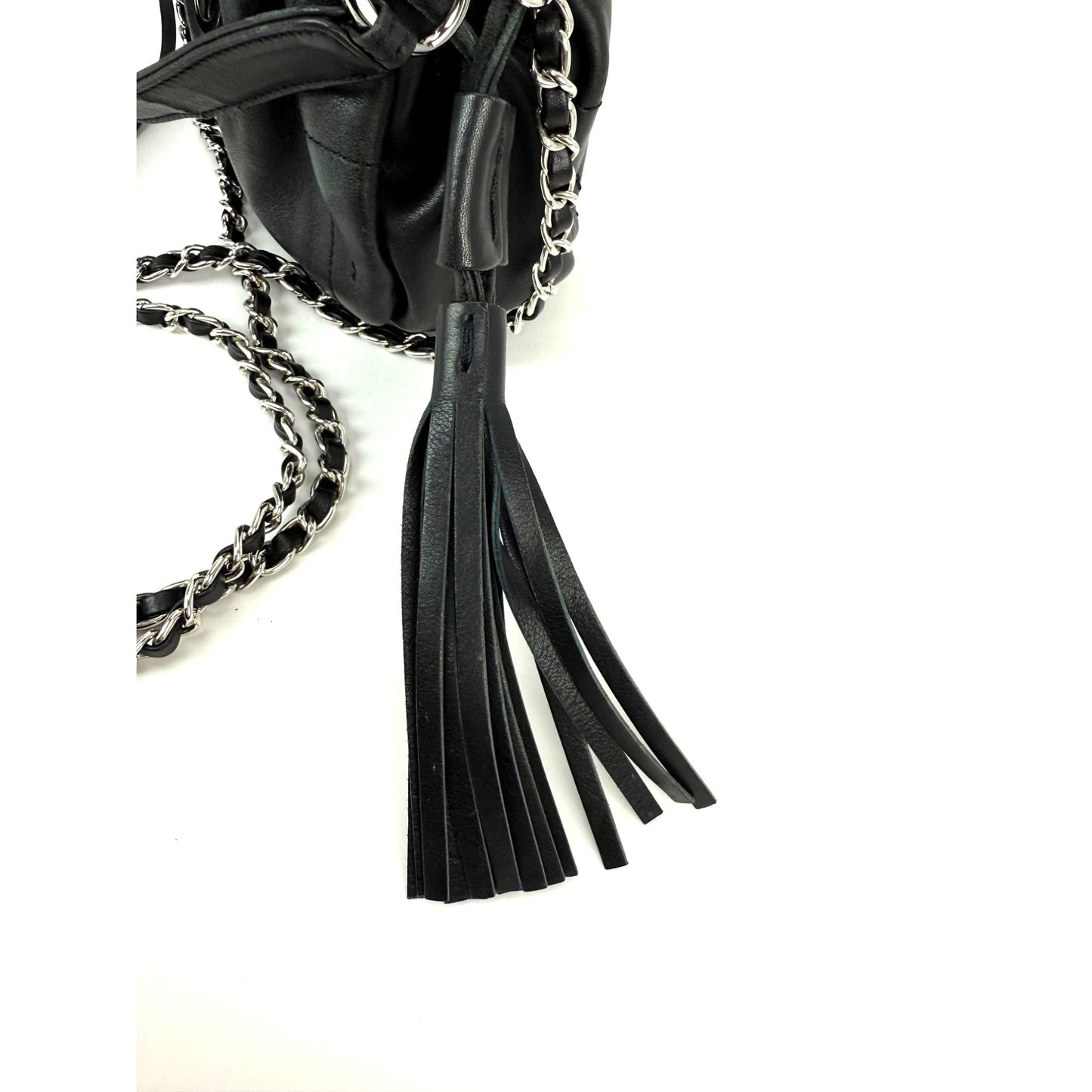 
                  
                    Chanel Vintage Small Lambskin Stitched Chocolate Bar Chain Fringe Hobo Black Bag
                  
                