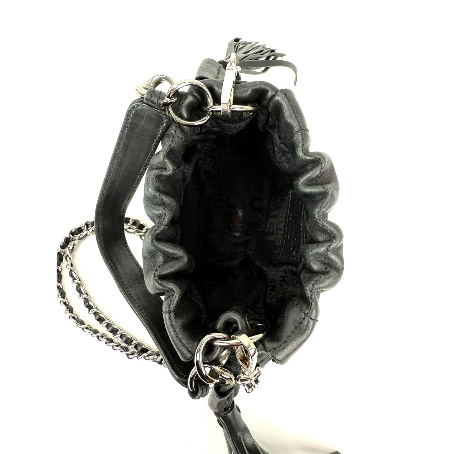 
                  
                    Chanel Vintage Small Lambskin Stitched Chocolate Bar Chain Fringe Hobo Black Bag
                  
                