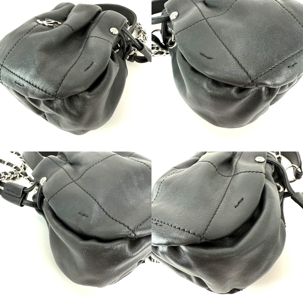 
                  
                    Chanel Vintage Small Lambskin Stitched Chocolate Bar Chain Fringe Hobo Black Bag
                  
                